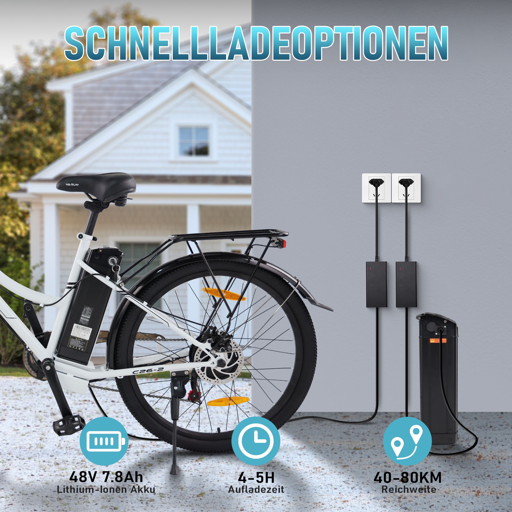 E-Bike mit Ladegerät. 48V 7,8Ah Lithium-Ionen-Akku, 4-5H Ladezeit, 40-80KM Reichweite. Steckdosen und Ladegerät an der Wand.