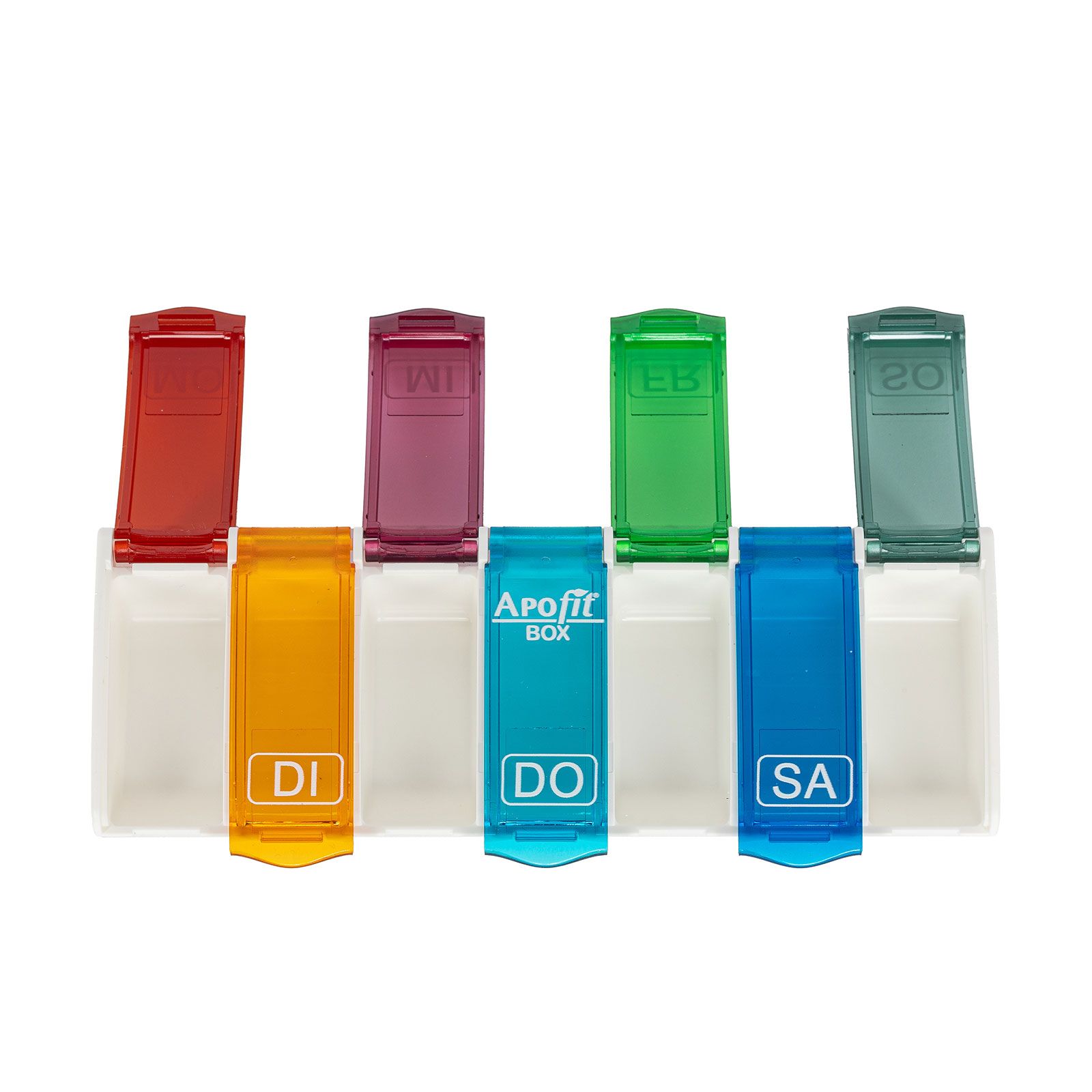 ApoFit Box Pillendose mit farbigen Tabs für jeden Wochentag.