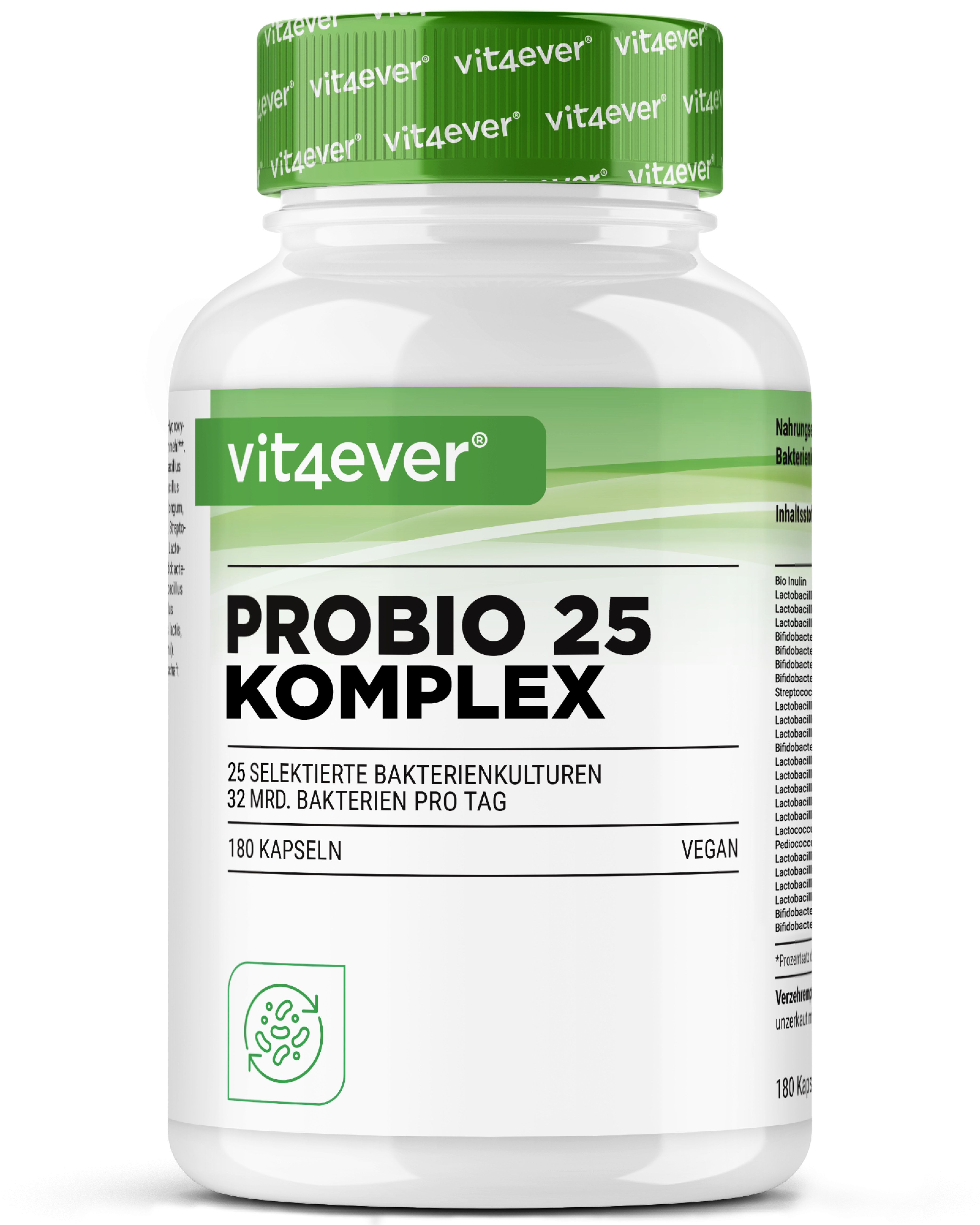 Vit4ever Probio 25 Komplex: Flasche mit 180 Kapseln, 25 Bakterienkulturen, 32 Milliarden pro Tag, vegan.