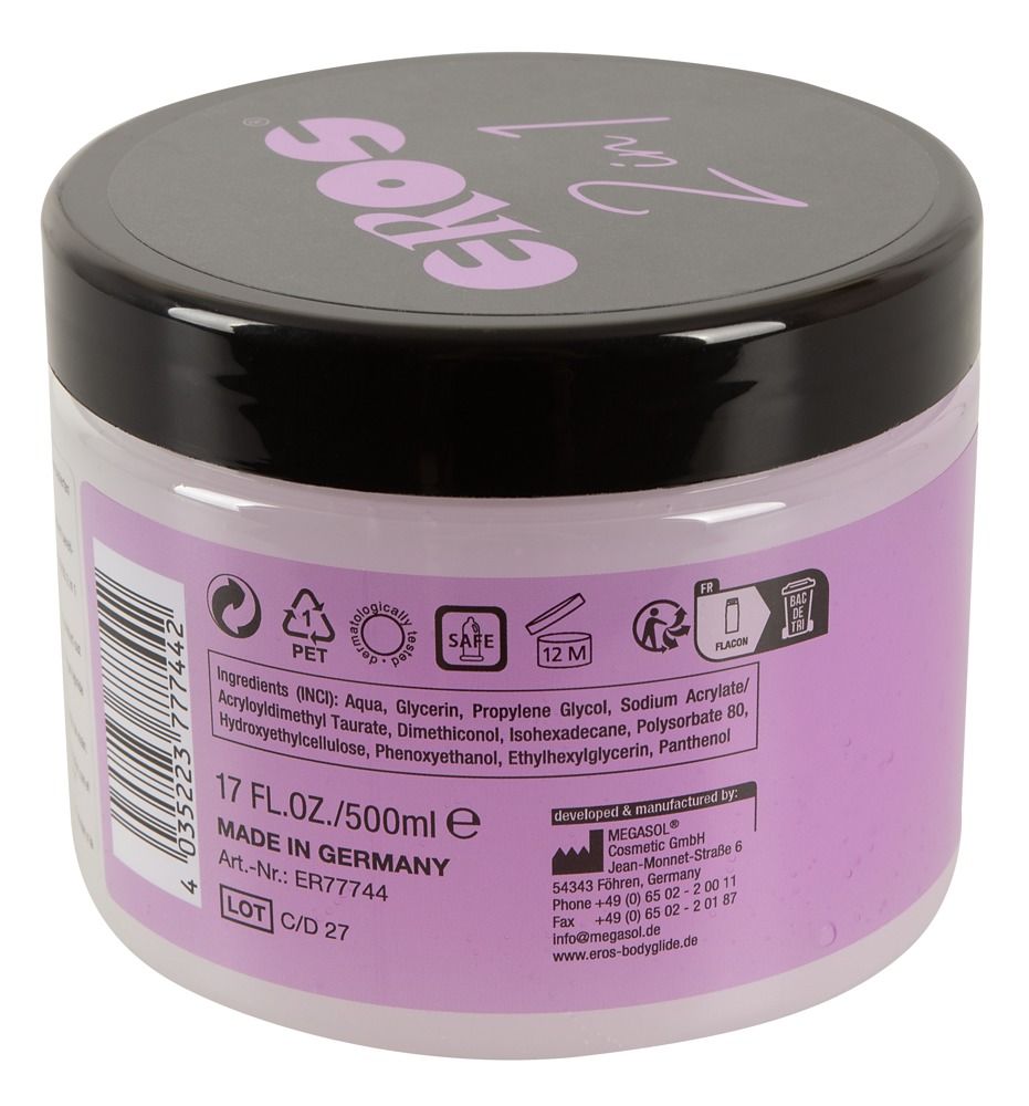 Runder Tiegel mit schwarzem Deckel und dem Produktnamen EROS. Aufschrift "2in1" und "fist #lube".