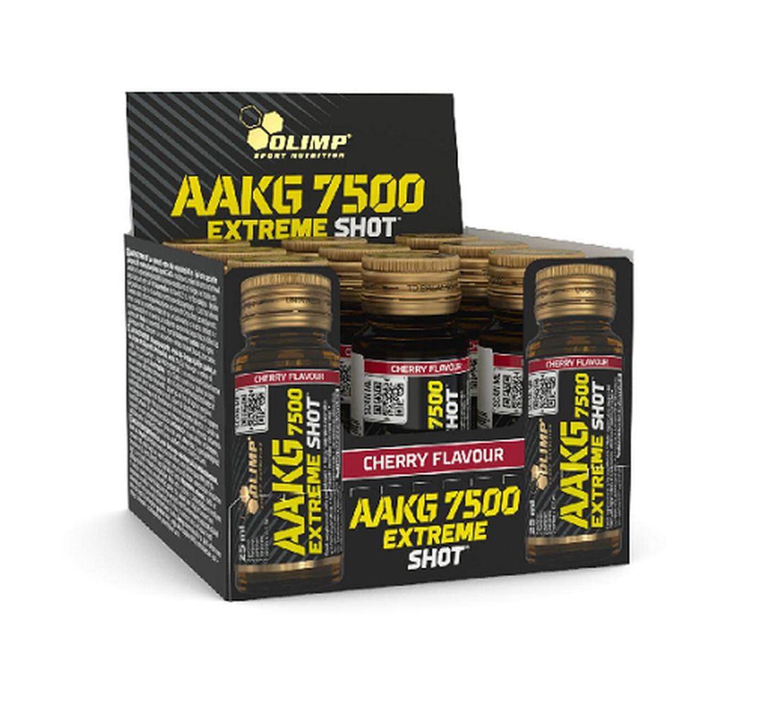 Verpackung mit mehreren Fläschchen. Aufschrift AAKG 7500 Extreme Shot. Kirschgeschmack. Goldfarbene Kappen.