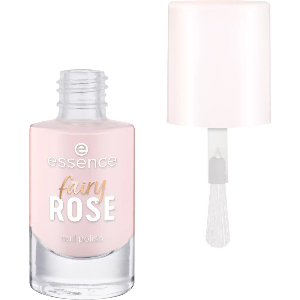 Essence Nagellack Fairy Rose, rosa Flasche mit geöffnetem Deckel und Pinsel. Pinselspitze sichtbar.