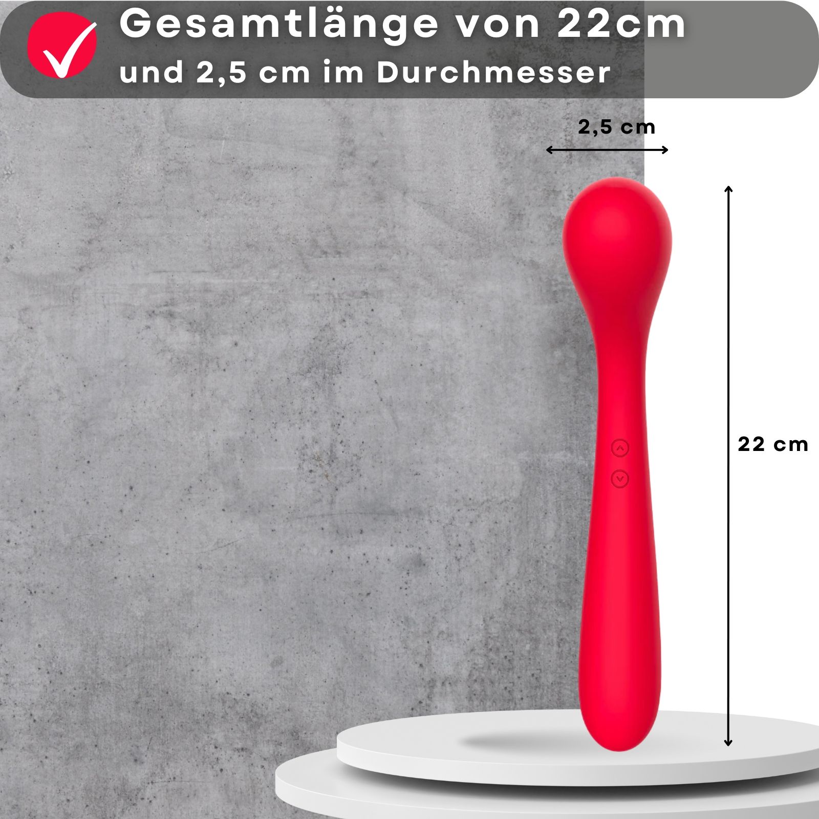 Roter Vibrator. 22 cm lang, 2,5 cm Durchmesser.