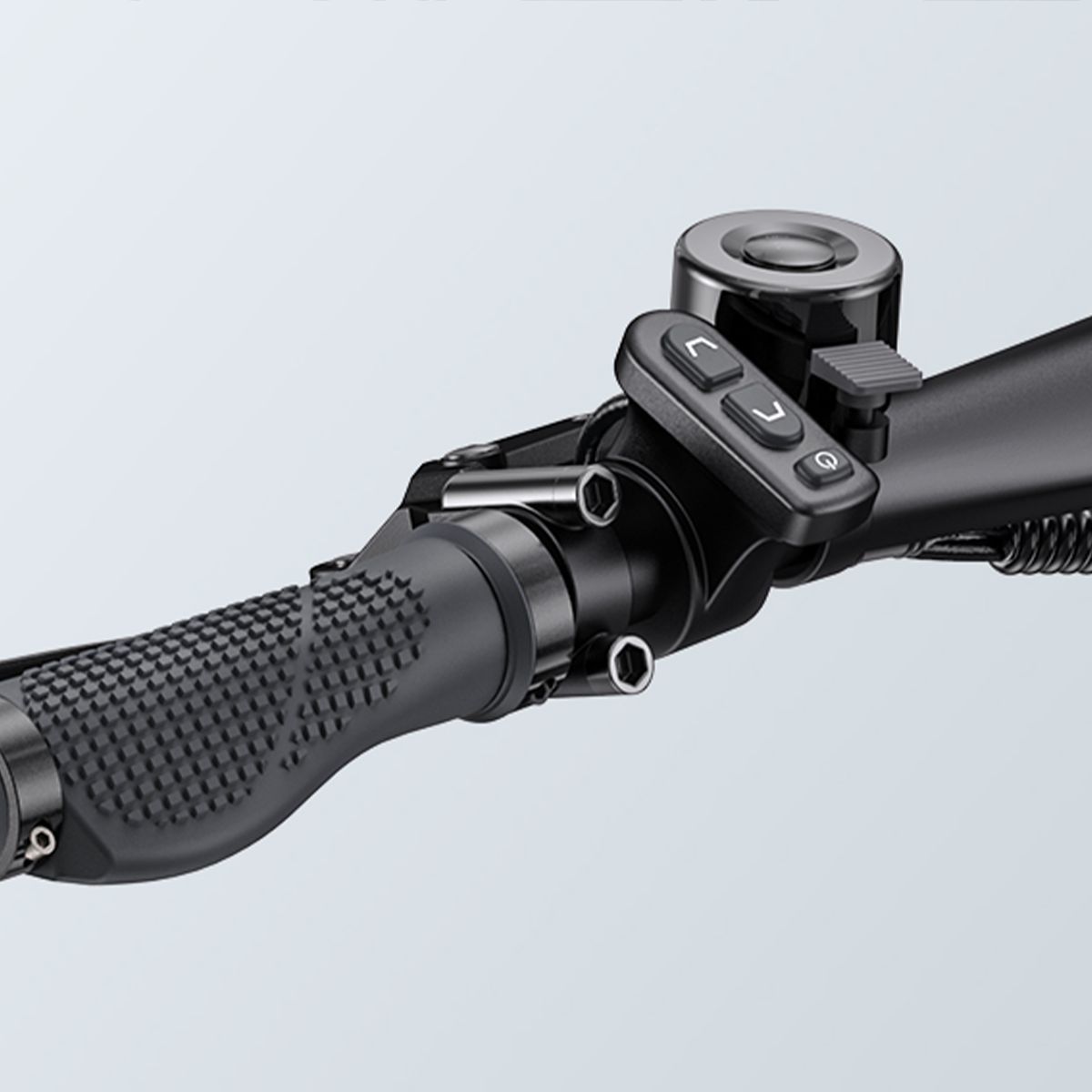 E-Bike-Lenker mit Griff, Bedienelementen und Klingel. Schwarze Farbe.