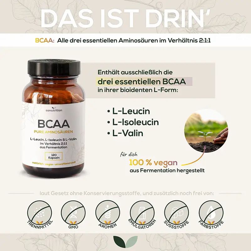 Braune Flasche mit BCAA-Kapseln. Text: BCAA, reine Aminosäuren, L-Leucin, L-Isoleucin, L-Valin. 120 Kapseln. Zusätzliche Informationen.