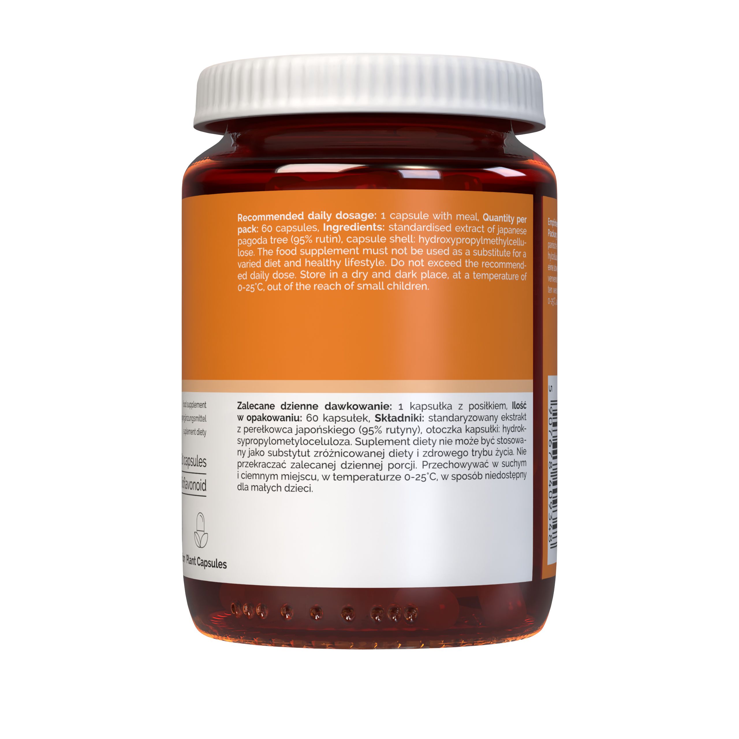 Rückseite des Vitaler's Rutin 350 mg Kapselbehälters mit Informationen.