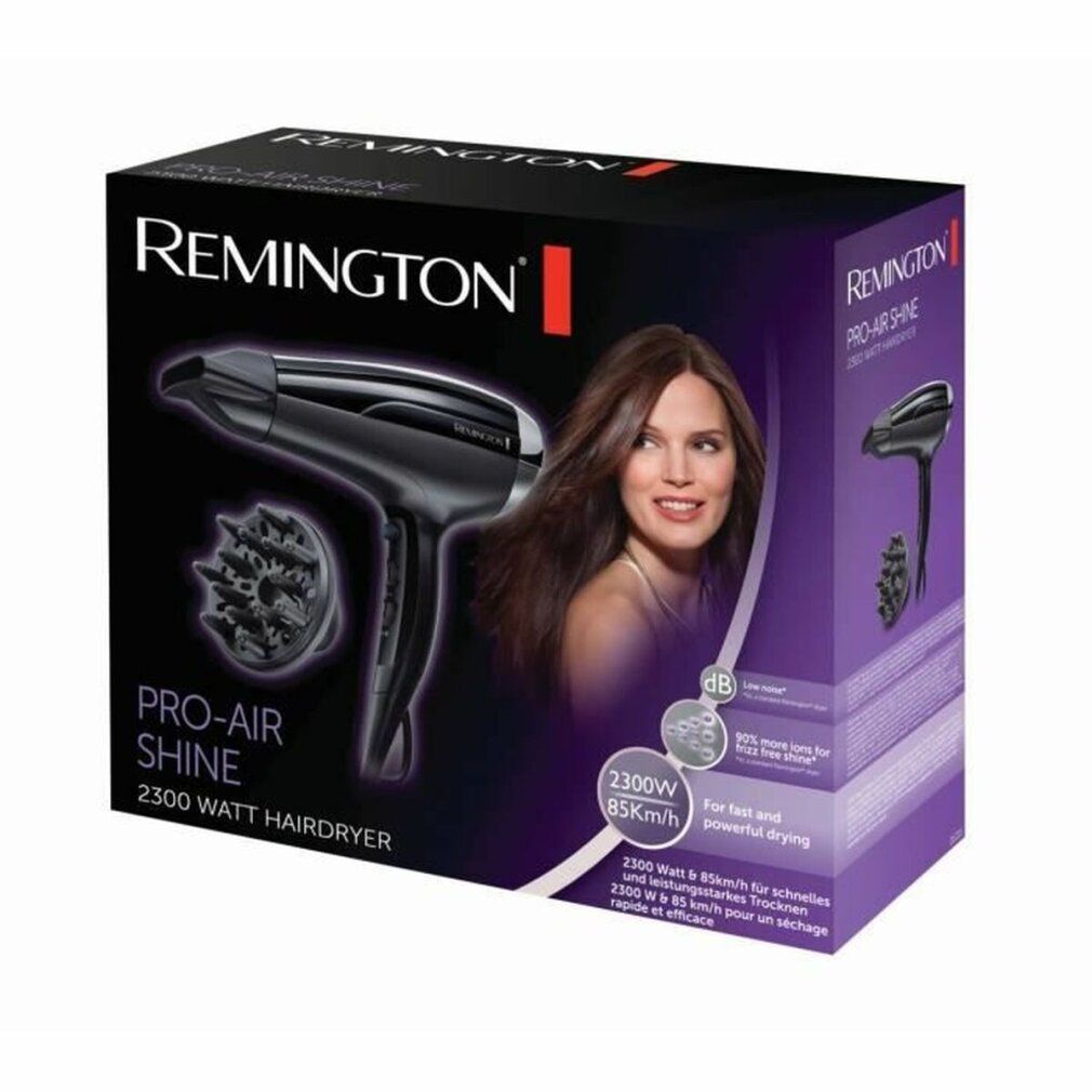 Produktverpackung. Schwarzer Haartrockner mit Diffusor. Marke Remington. Aufdruck: Pro-Air Shine.