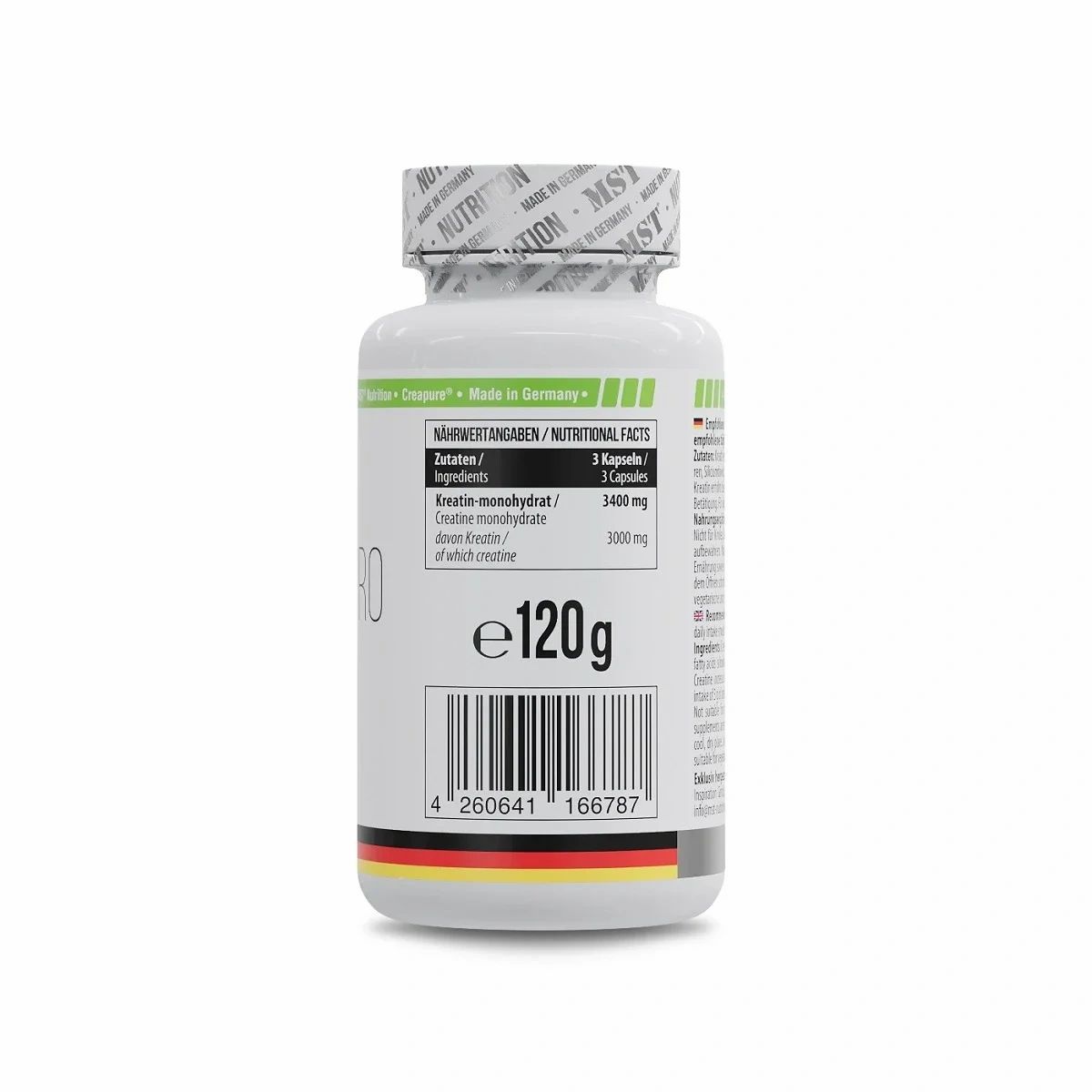 Rückseite der weißen Flasche MST Creatine Pro. Nährwertangaben, 120g, Barcode, deutsche Flagge.