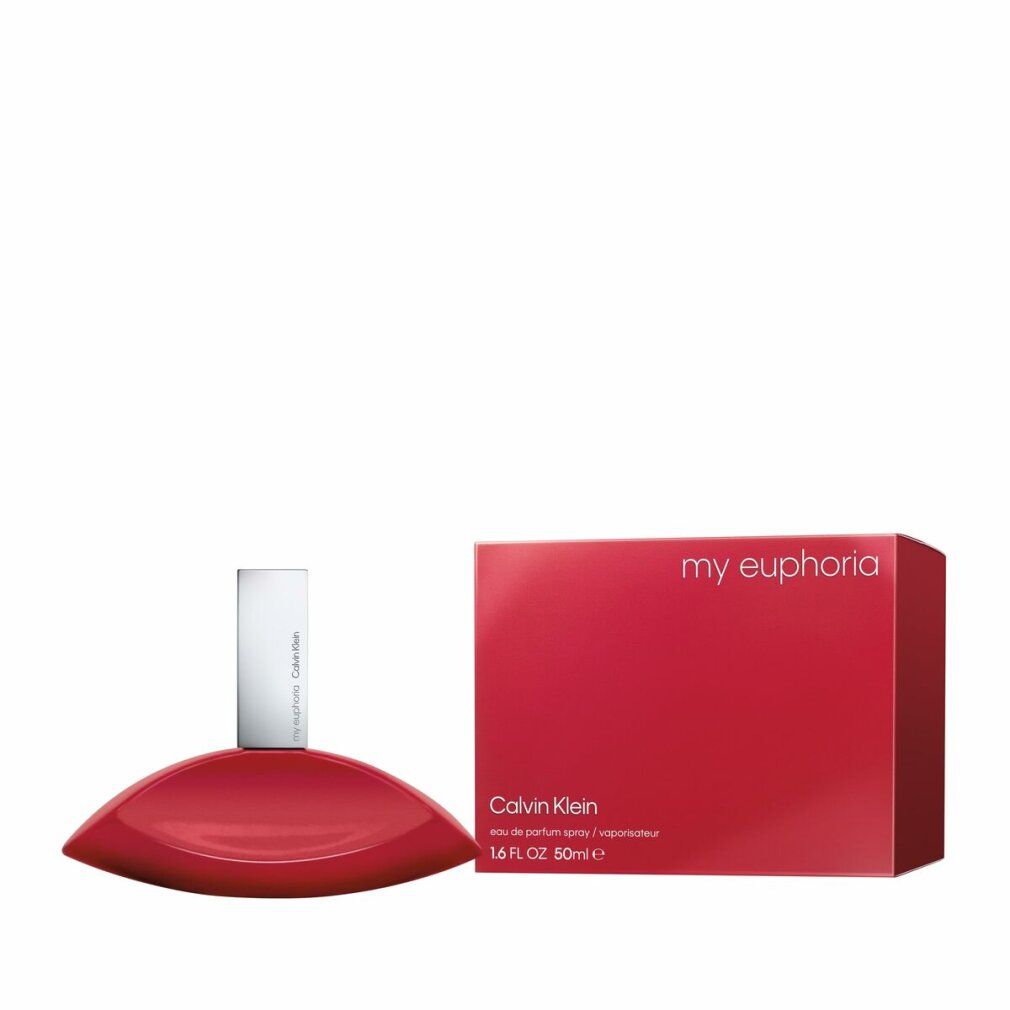 Roter Flakon und Verpackung. Aufschrift: my euphoria, Calvin Klein, Eau de Parfum Spray.