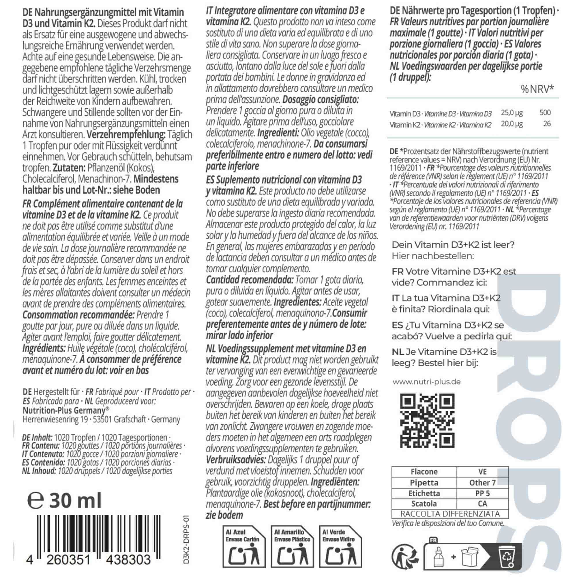 Text auf Verpackung. Nährwertangaben, Zutaten, Verzehrempfehlung. Marke: nutri+. QR-Code und Kontaktinformationen.