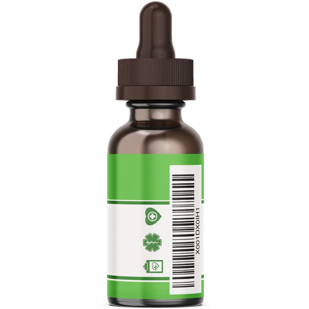 Braune Glasflasche mit Tropfer. Etikett mit Barcode und Symbolen. Grün-weißes Design.