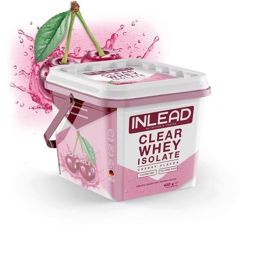 Eckiger Behälter mit Griff, INLEAD Clear Whey Isolate, Kirschgeschmack. Rosa-weißes Design, Kirschabbildung, 420g.