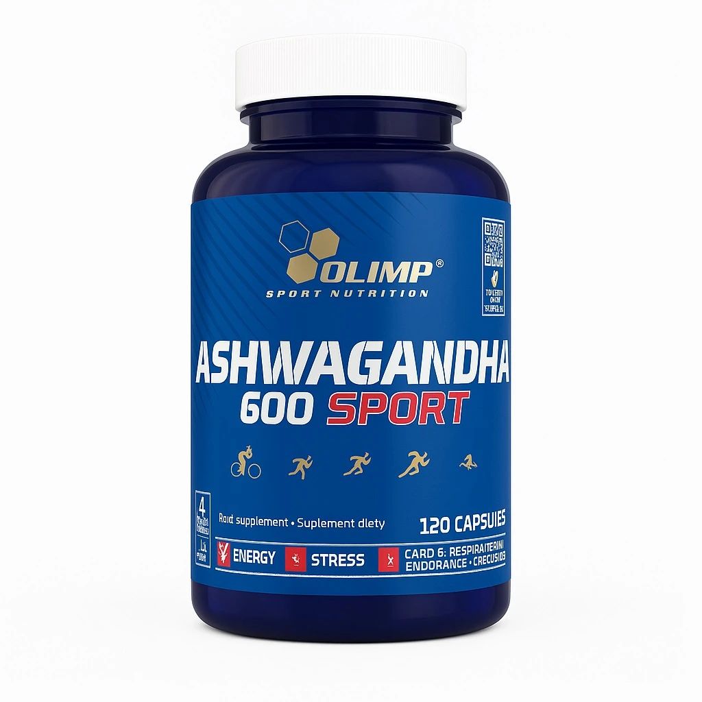 Olimp Ashwagandha 600 Sport Kapseln: Dunkelblaue Dose mit weißem Deckel, 120 Kapseln, für Energie und Ausdauer.