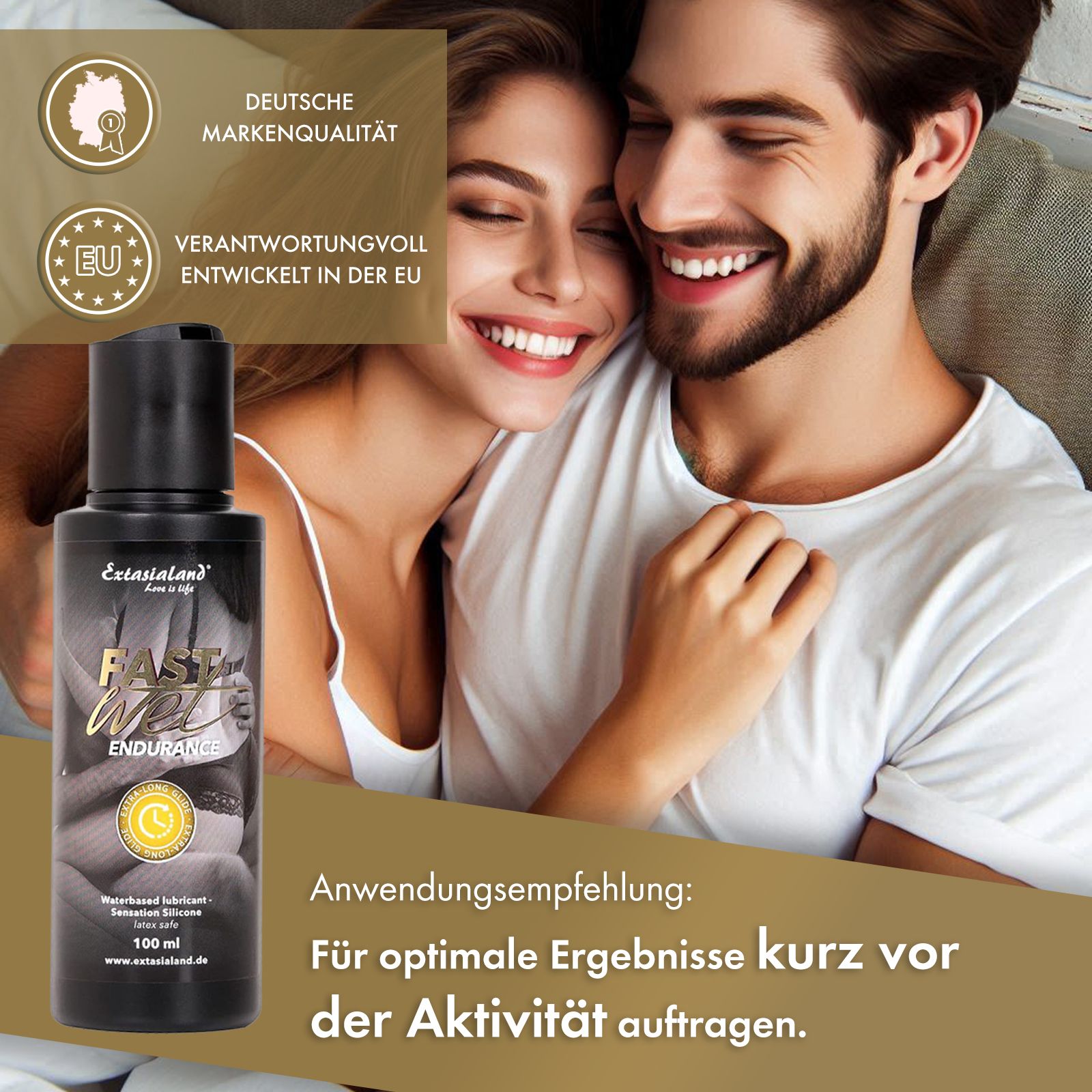 Schwarze Flasche "Fastwet Endurance". Text: Deutsche Markenqualität, EU-Entwicklung. Paar im Bett. Anwendungsempfehlung.