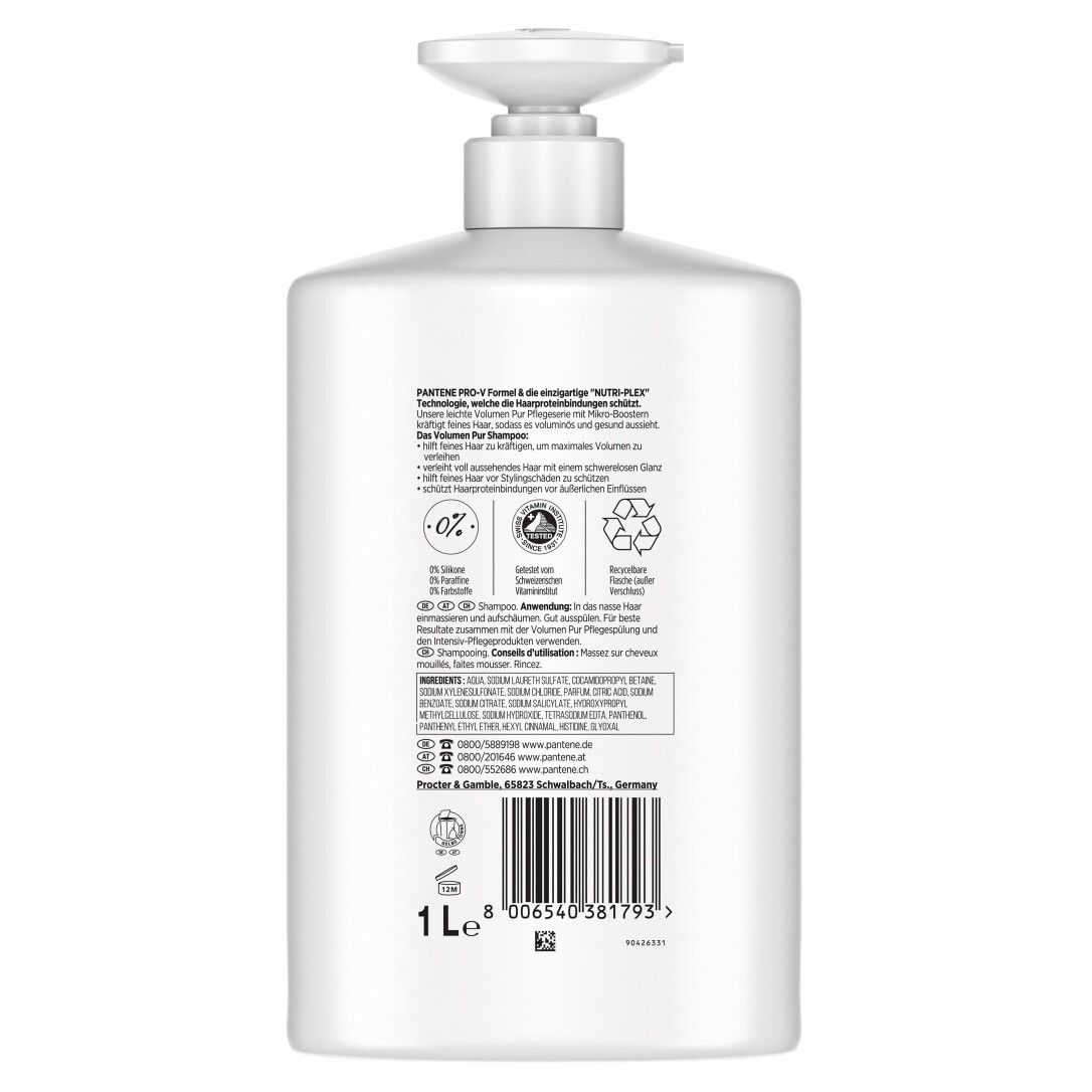 Multipack Pantene Pro-V Volume Pur Shampoo, Pro-V Formel + Antioxidantien, Für feines, plattes Haar
