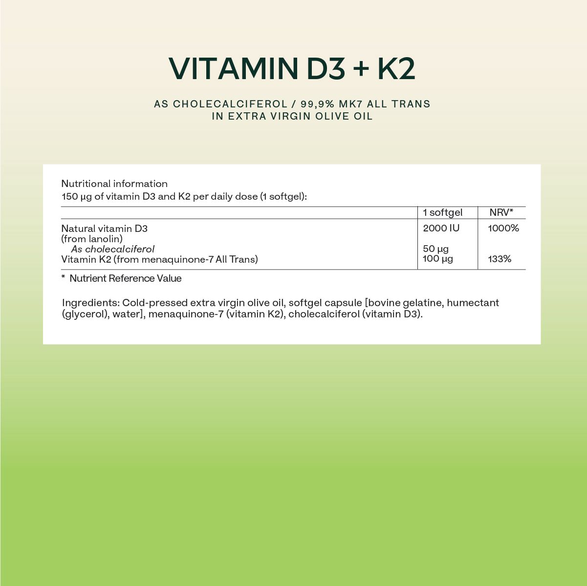 Textfeld mit Informationen zu Vitamin D3 und K2. Nährwertangaben, Inhaltsstoffe und Referenzwerte.