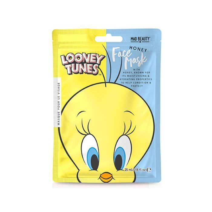 Gesichtsmaske mit Tweety-Vogel-Design. Verpackung mit gelber und blauer Farbgebung. Enthält Text: HONEY FACE MASK.