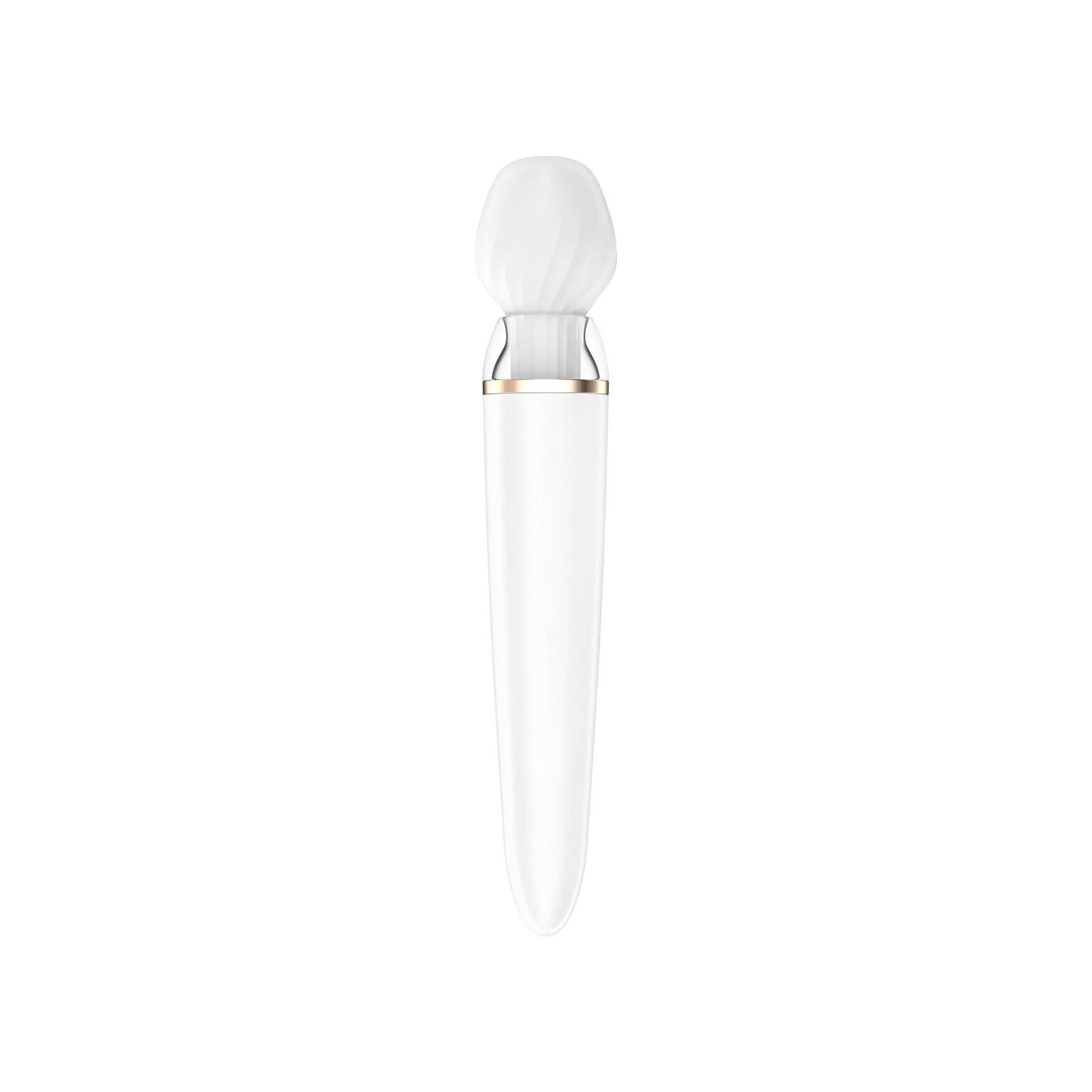 Weißer Vibrator mit rundem Kopf, schlankem Griff und drei Bedientasten.