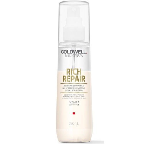 Goldwell Dualsenses Rich Repair Serum Spray. Flasche mit Sprühkopf. Text: Rich Repair, 150 ml. Farbschutz-Symbol.