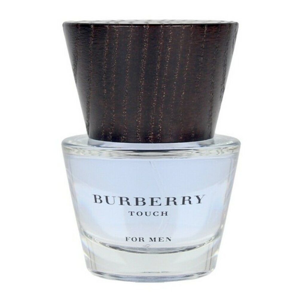 Burberry Touch Eau de Toilette Spray-Flakon. Glasflakon mit Holzdeckel. Aufschrift: Burberry Touch, For Men.
