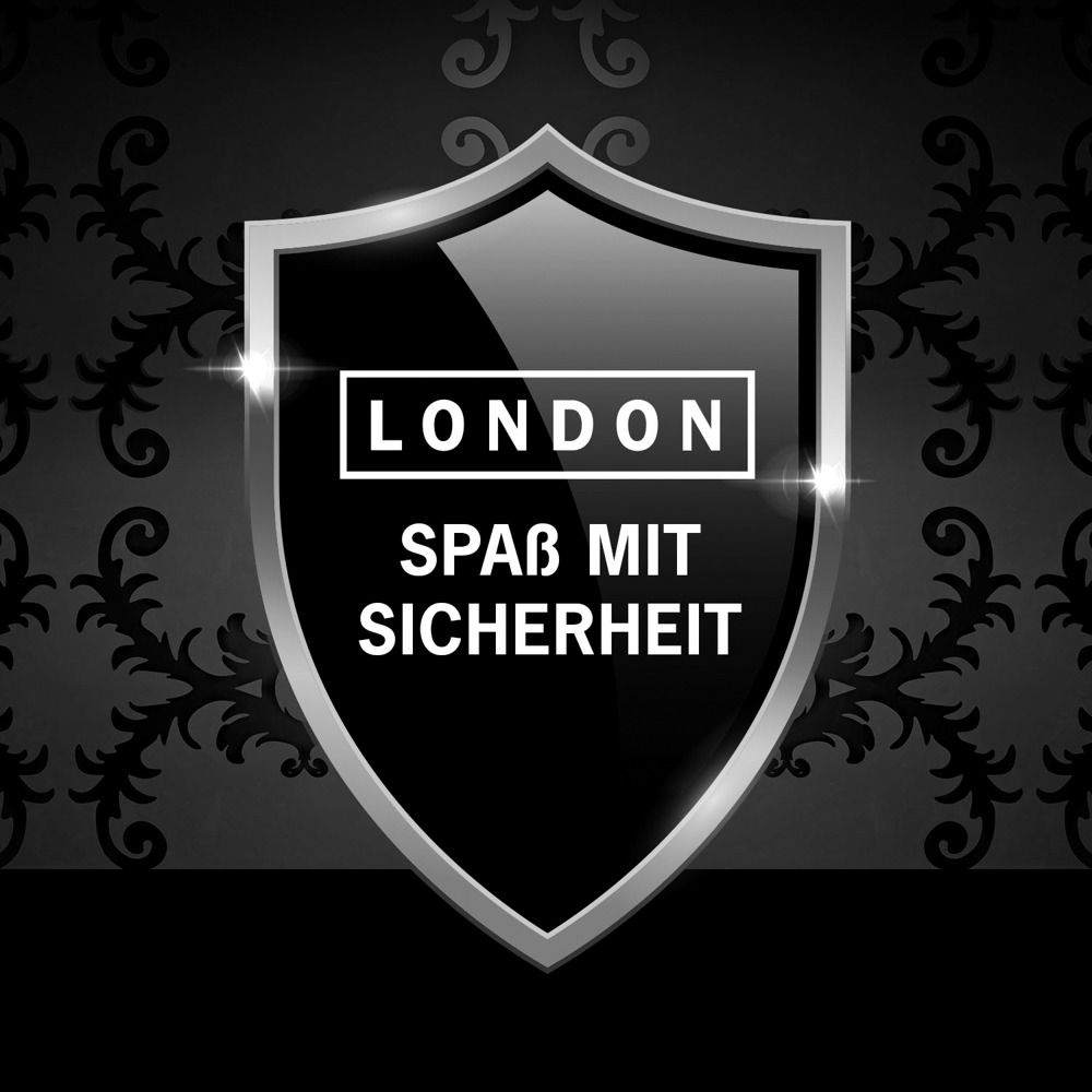 Schild mit LONDON und Text: SPASS MIT SICHERHEIT. Schwarzer Hintergrund mit floralem Muster.