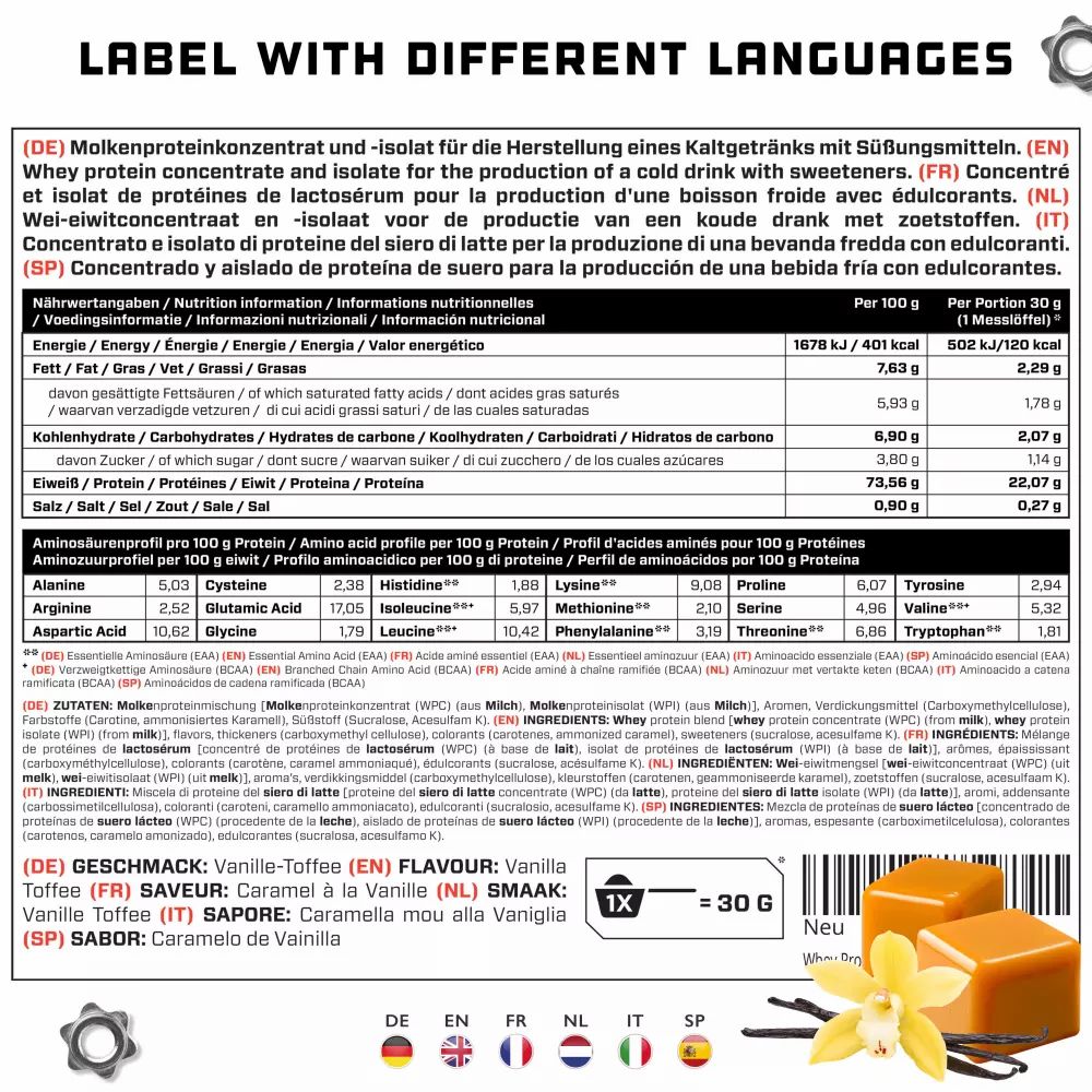 Nährwerttabelle mit Informationen zu Proteinen, Fetten und Kohlenhydraten. Enthält auch Informationen zu Aminosäuren.