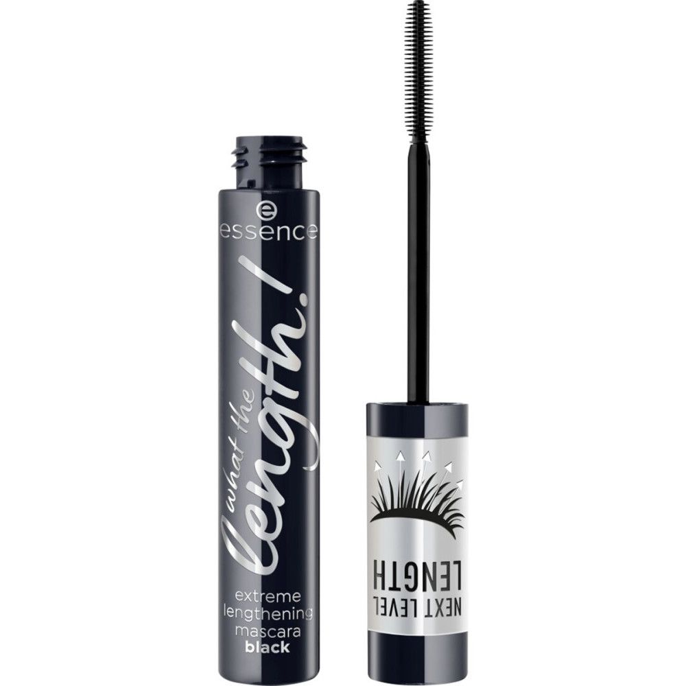 Schwarze Mascara-Tube mit Schriftzug "what the Length!". Bürste mit Borsten. Marke: Essence. Produktname: Extreme Lengthening Mascara.