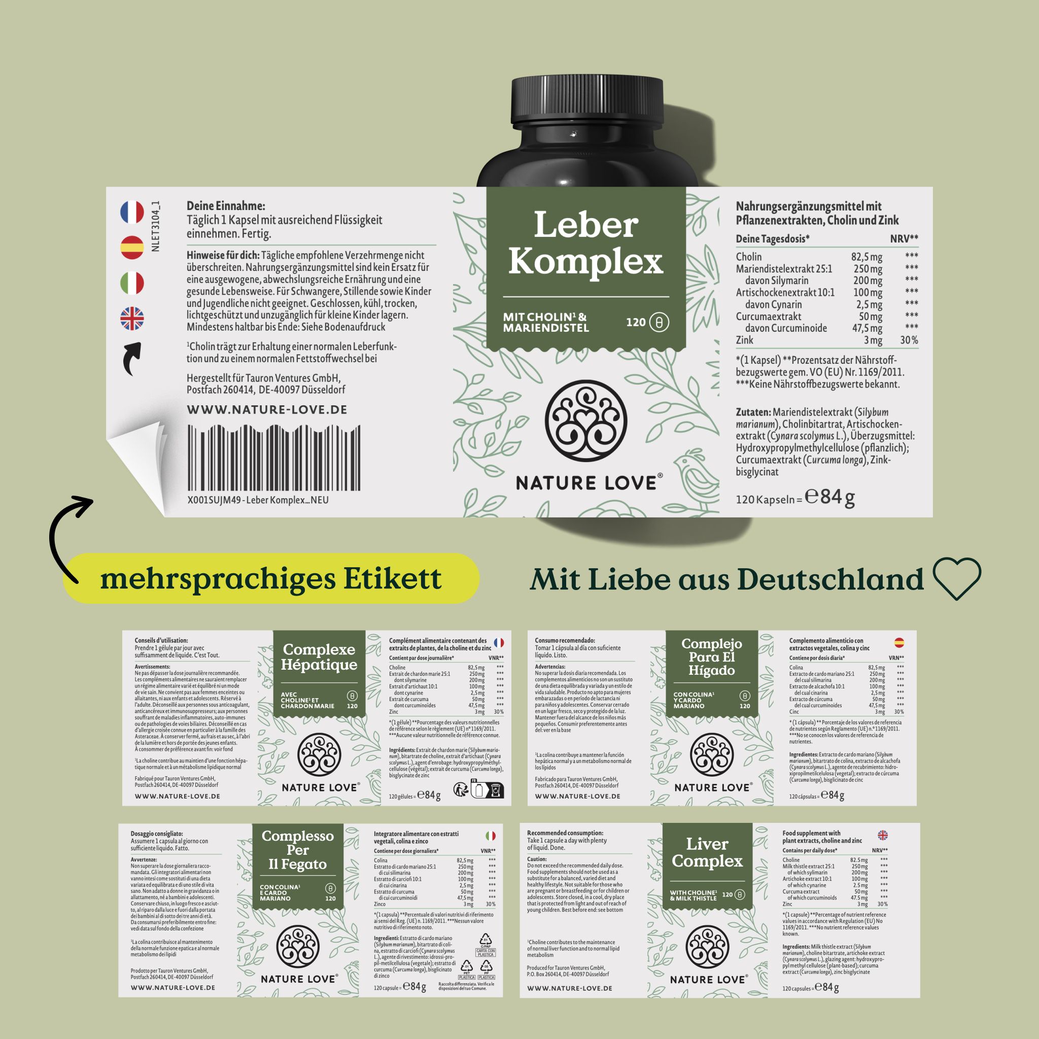 Produktetikett mit mehrsprachigen Informationen. Text: Leber Komplex. Mit Liebe aus Deutschland. Nährwertangaben.
