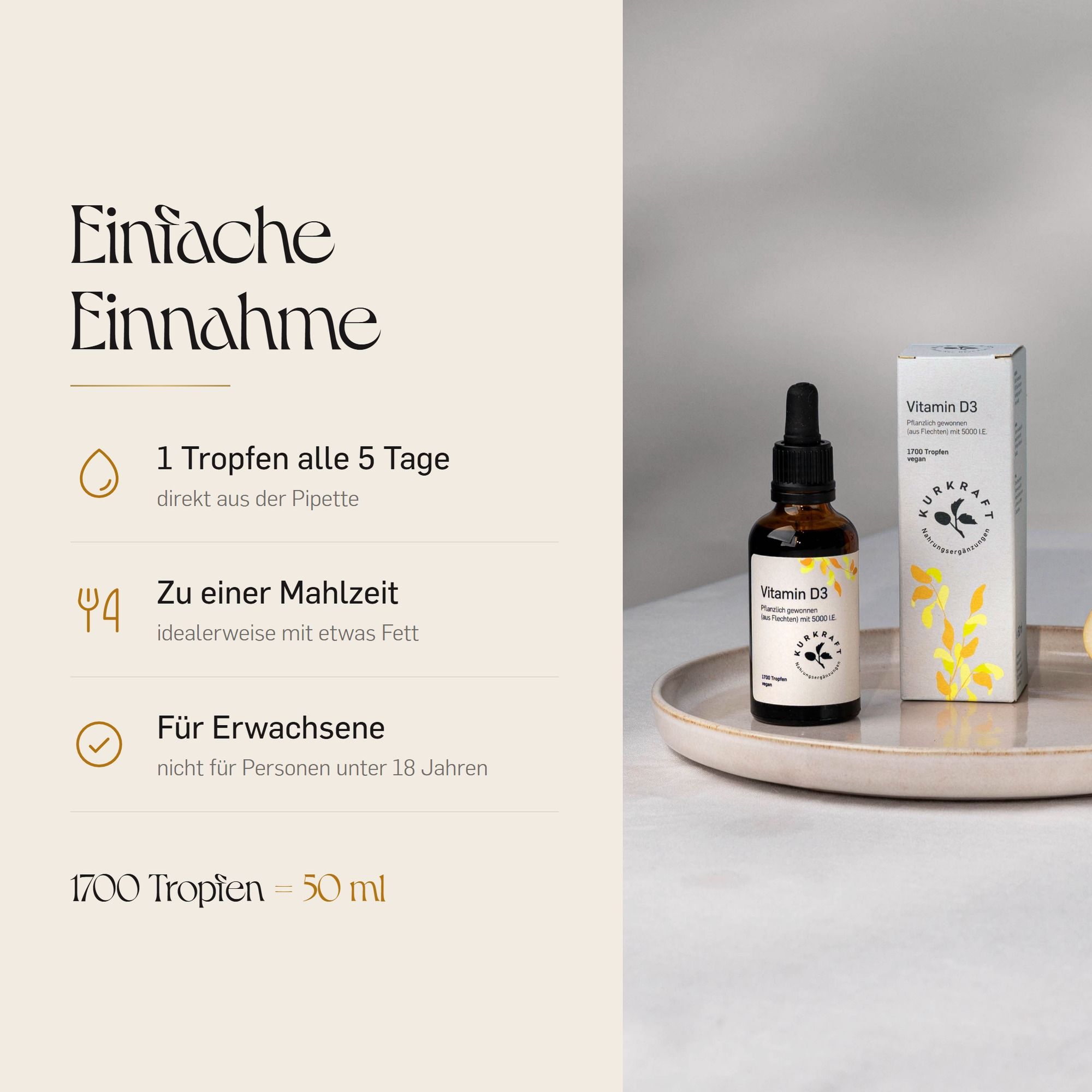 Anleitung zur einfachen Einnahme von Vitamin D3 Tropfen.