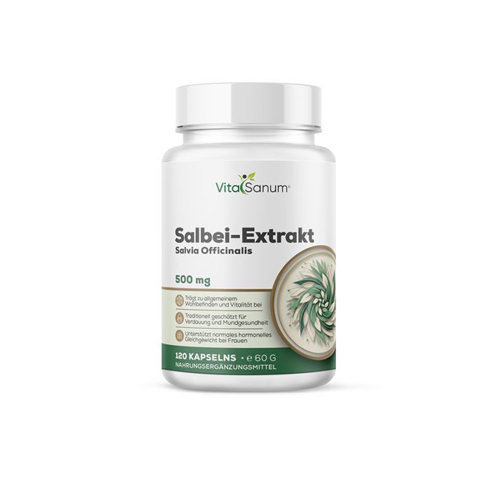 Eine Flasche Salbei-Extrakt 500 mg von VitaSanum, mit Nährwertangaben auf der Rückseite.