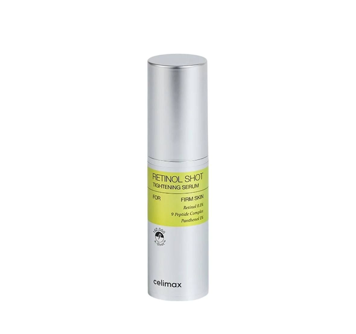 Zylindrische Flasche mit silbernem Deckel und gelbem Etikett. Aufschrift: Retinol Shot Tightening Serum, Celimax.