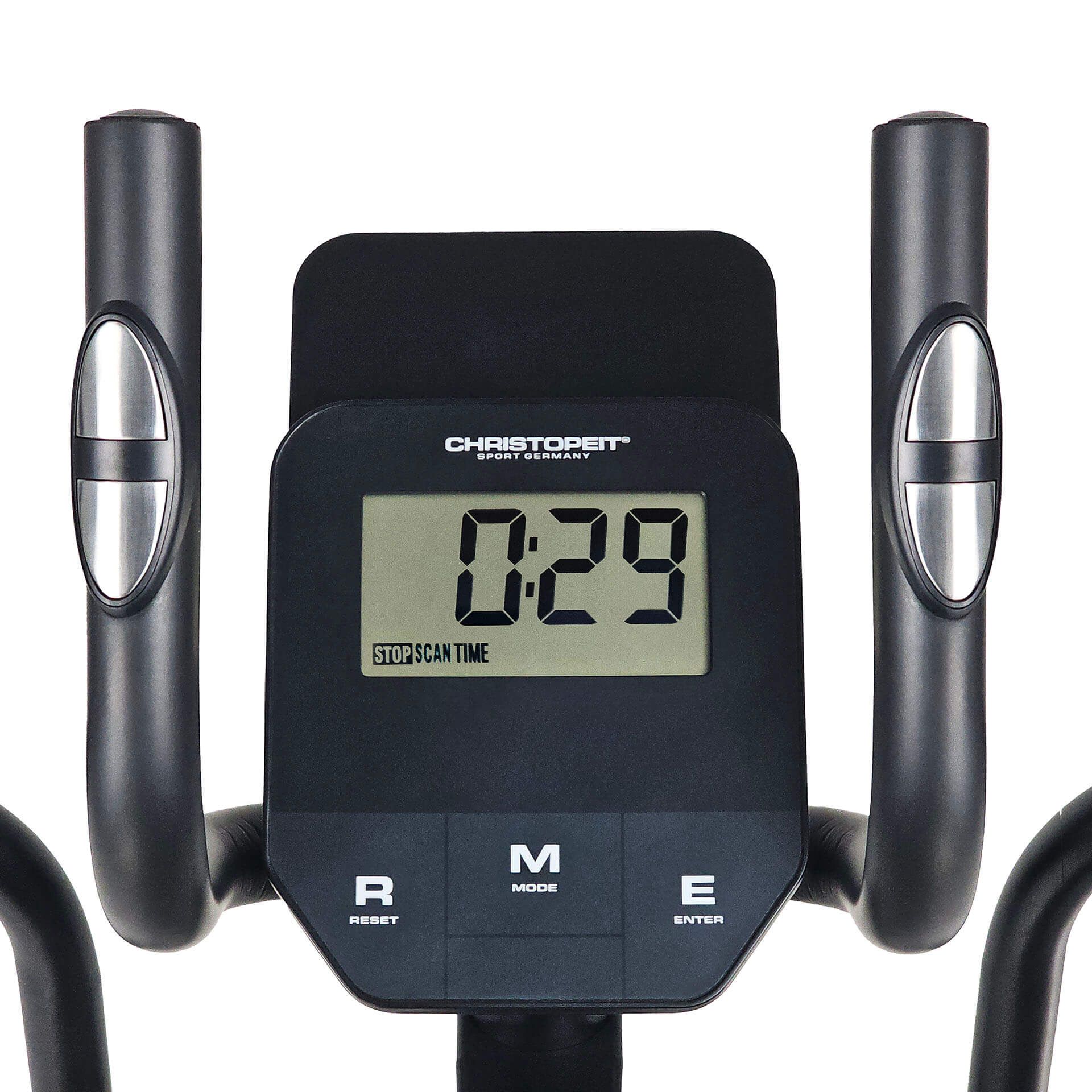 Crosstrainer-Konsole mit Digitalanzeige. Zeigt Zeit an. Marke: CHRISTOPEIT SPORT GERMANY. Schwarzes Gehäuse mit Knöpfen.