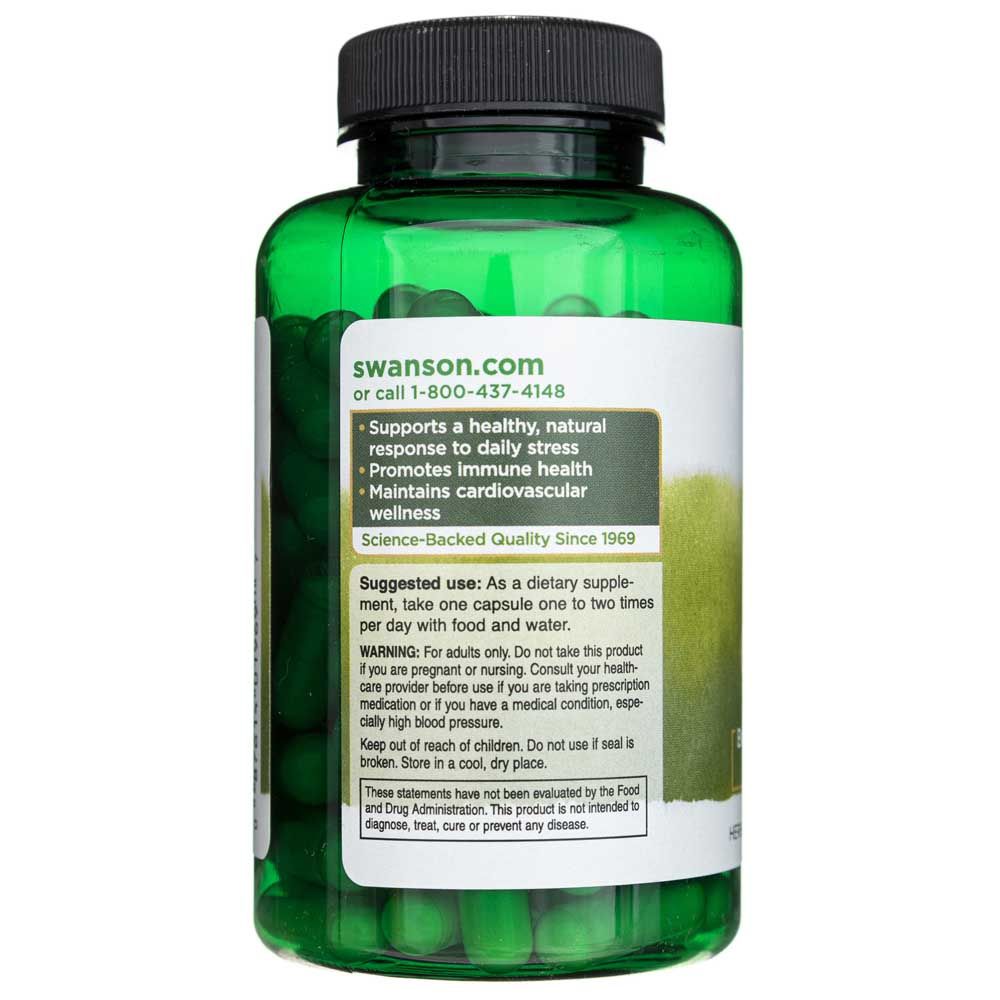 Rückseite einer grünen Flasche mit Swanson Korean Ginseng, Produktvorteile.