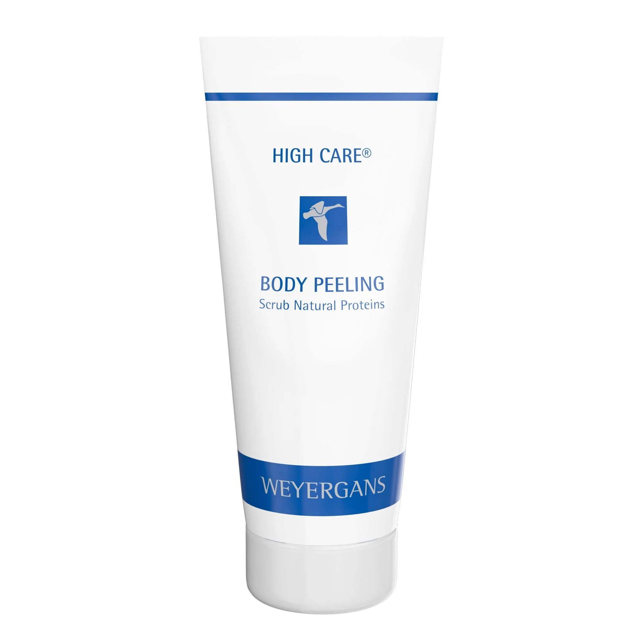 Weiße Tube mit blauem Streifen und Schriftzug. Enthält „Body Peeling“ und „Weyergans“. Logo mit Vogel.