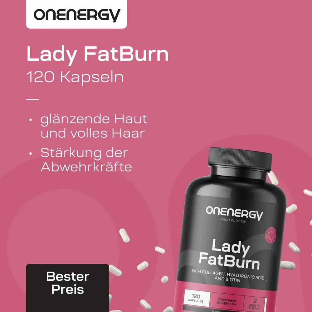 Dose OnEnergy Lady FatBurn, 120 Kapseln. "Glänzende Haut, volles Haar, Stärkung der Abwehrkräfte."