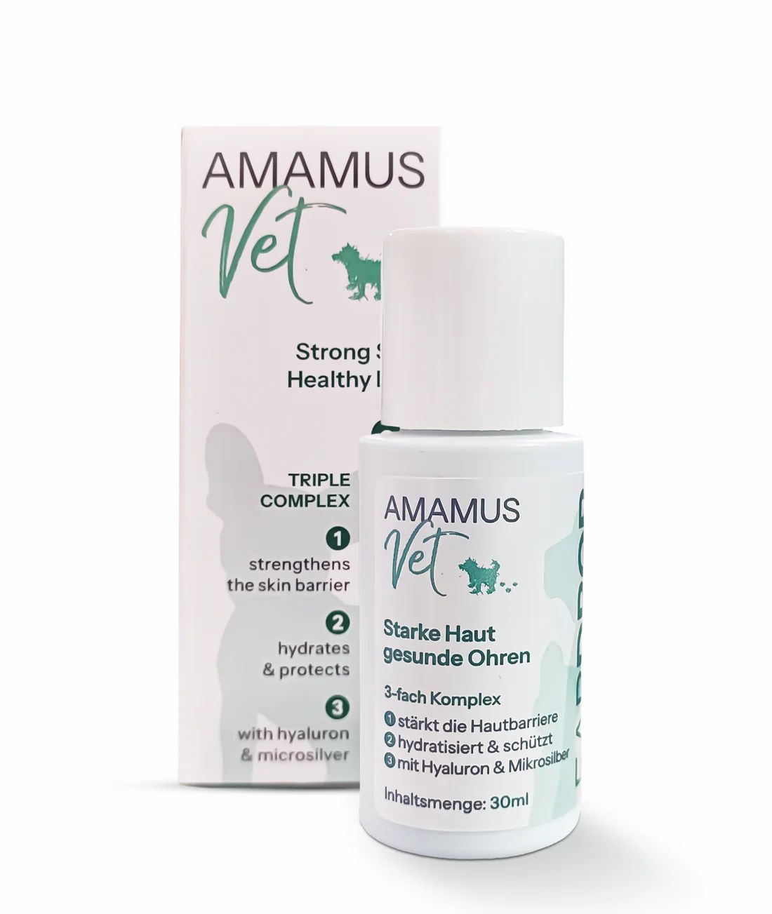 Produktflasche und Verpackung von AMAMUS Vet. Flasche mit Aufschrift 'Starke Haut gesunde Ohren'. 3-fach Komplex.