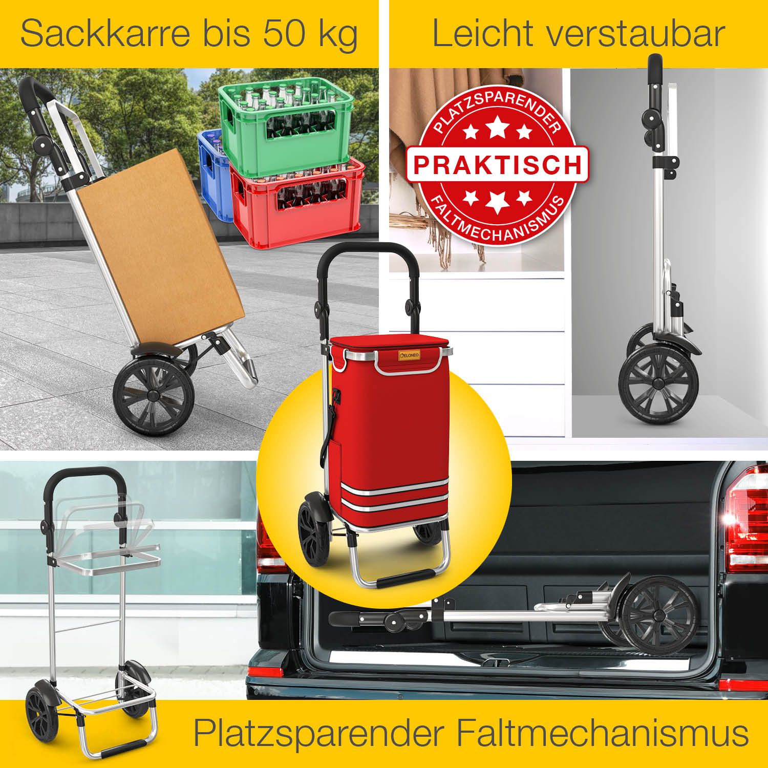 Collage zeigt Einkaufstrolley in verschiedenen Situationen: beladen, gefaltet, im Auto. Rote Tasche.