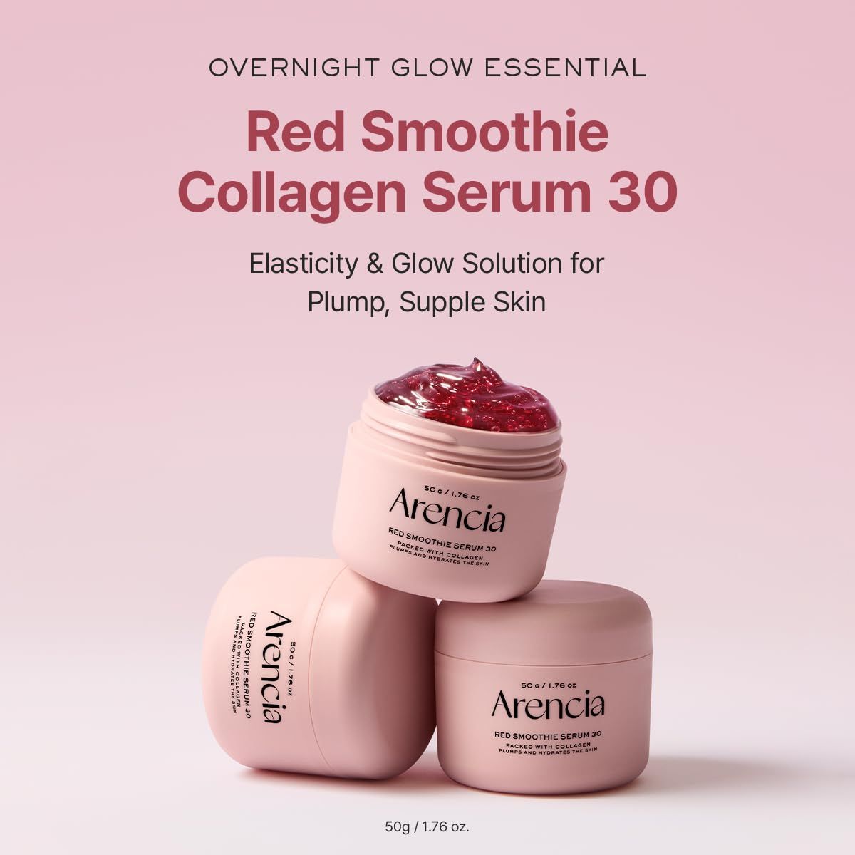 Drei rosa Tiegel mit rotem Serum. Aufschrift: Arencía, Red Smoothie Collagen Serum 30. Text: Elasticity & Glow Solution.