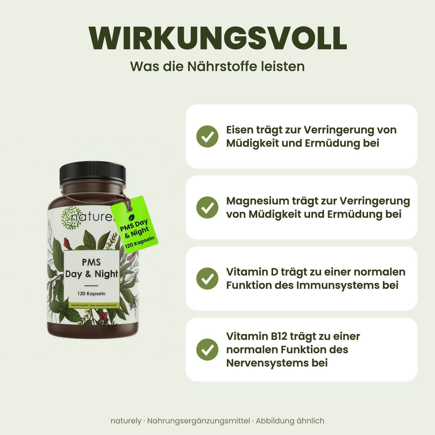 Flasche mit 120 Kapseln 'PMS Day & Night'. Kreise listen Nährstoffe wie Eisen, Magnesium, Vitamin D3, Folsäure und Vitamin B12 auf.