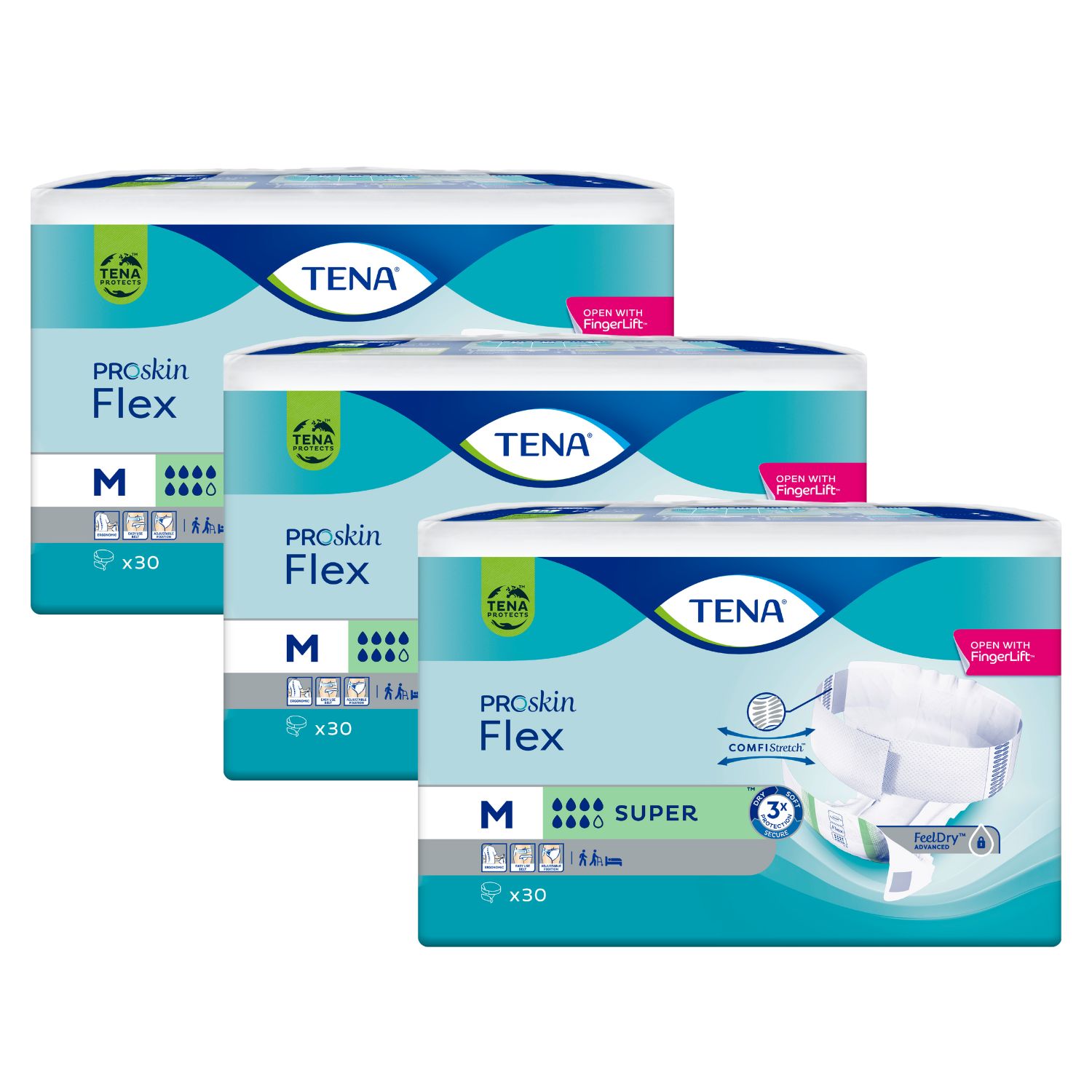 Drei Packungen TENA Flex Super M Inkontinenz-Pants mit 30 Stück pro Packung.