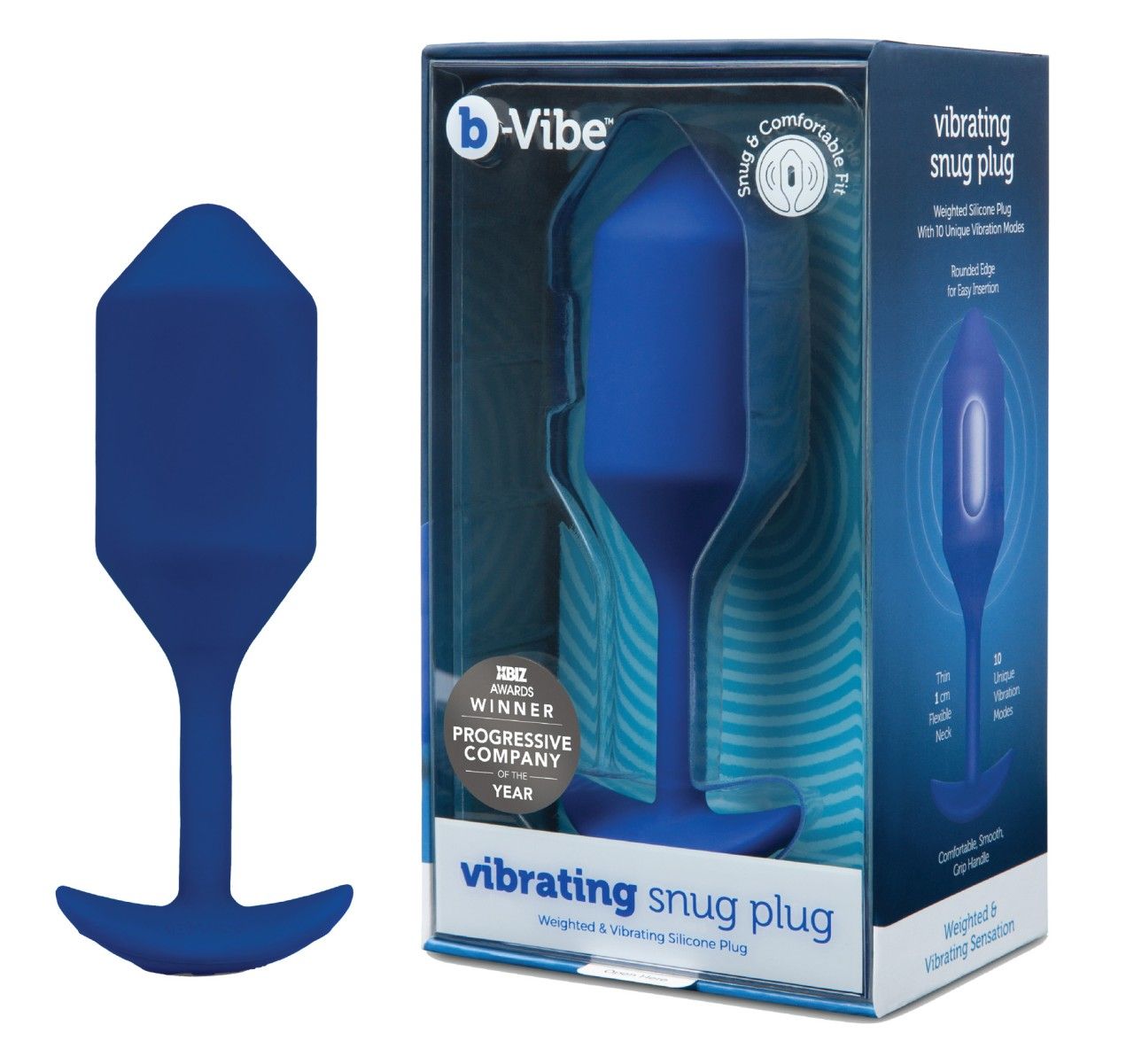 Blauer Analplug neben der Produktverpackung. Auf der Verpackung steht 'b-Vibe' und 'vibrating snug plug'.