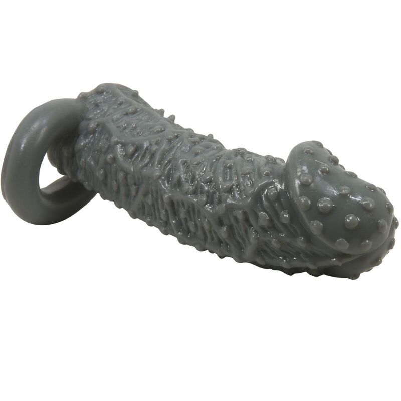 Graue Penishülle mit Noppen und Ring. Oberfläche strukturiert. Geformt für die Anwendung.