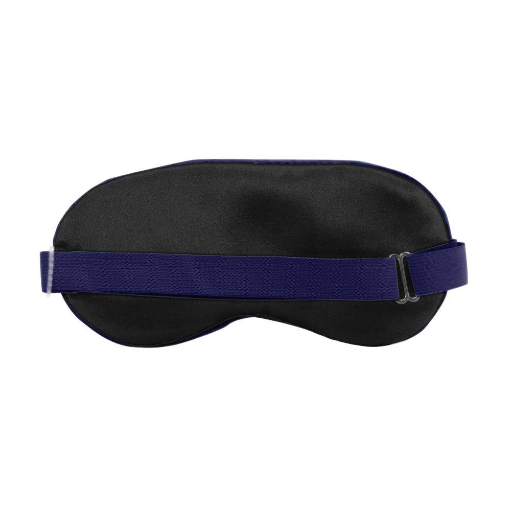 Schlafmaske, Rückseite schwarz. Blaues, elastisches Band mit verstellbarem Verschluss.