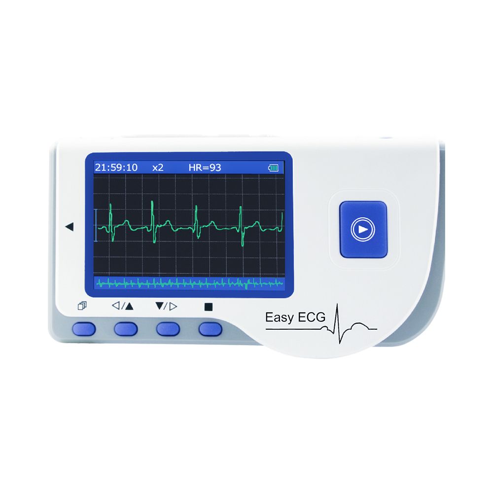 Handheld-EKG-Gerät mit Display. Zeigt EKG-Kurve, Uhrzeit und Herzfrequenz. Blaue Tasten und "Easy ECG"-Schriftzug.
