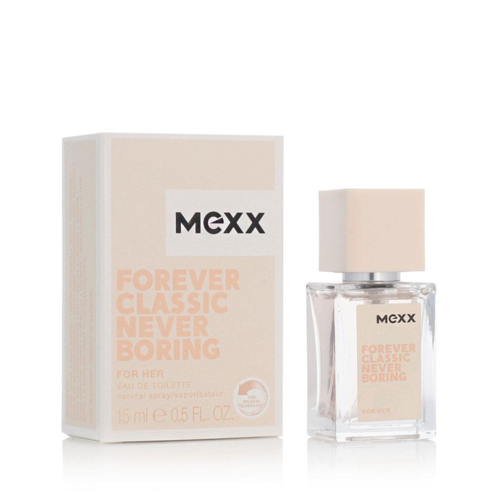 Flakon und Verpackung. Aufschrift: MEXX, Forever Classic Never Boring, For Her, Eau de Toilette.