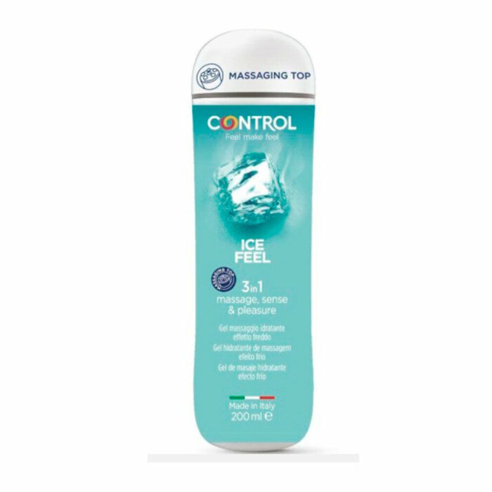 Türkisgrüne Flasche mit weißem Deckel. Aufschrift: CONTROL, ICE FEEL, 3in1. Enthält Gel für Massage, Sinnlichkeit & Vergnügen. Hergestellt in Italien.