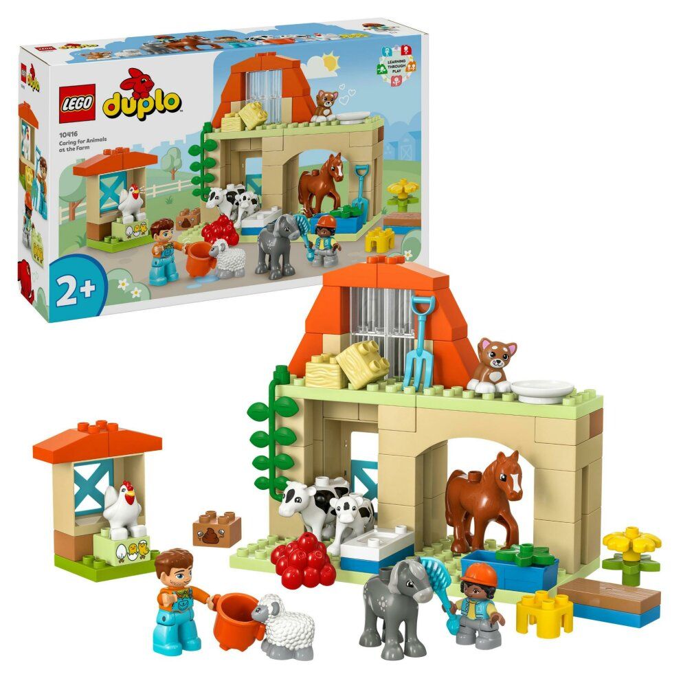 LEGO Duplo-Set. Bauernhof-Spielzeug mit Figuren und Tieren. Verpackung mit Produktname und Altersempfehlung 2+. Gebäude und Tiere.