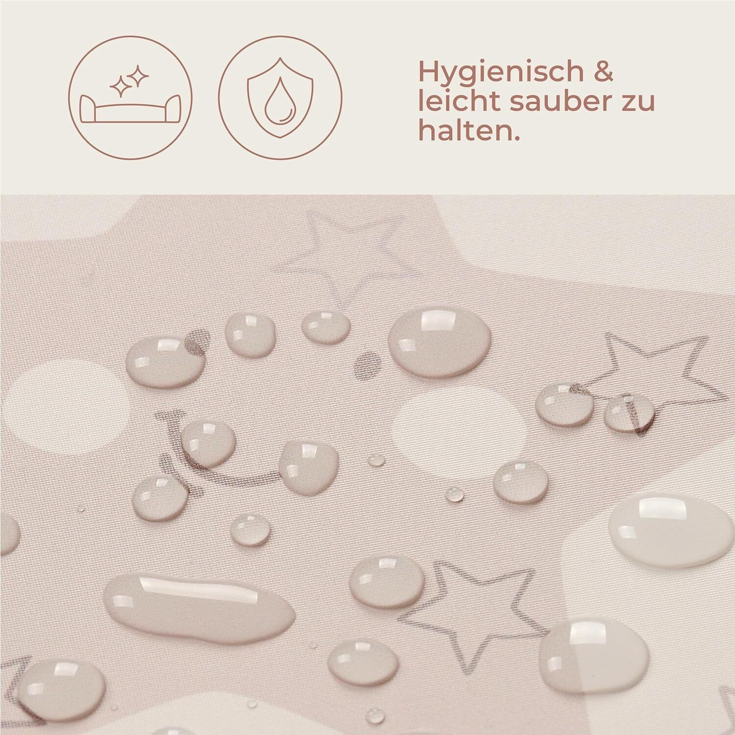 Wassertropfen auf einer Wickelauflage mit Sternenmuster. Text: Hygienisch & leicht sauber zu halten.