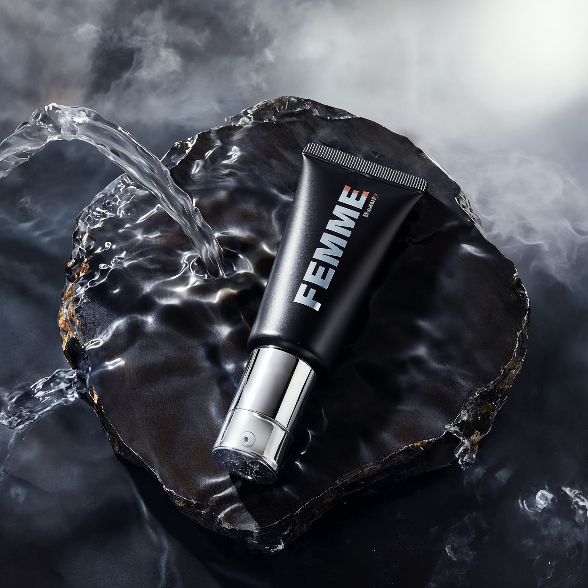 FEMME Intense Hide Concealer Tube auf dunklem Stein unter Wasserstrahl.
