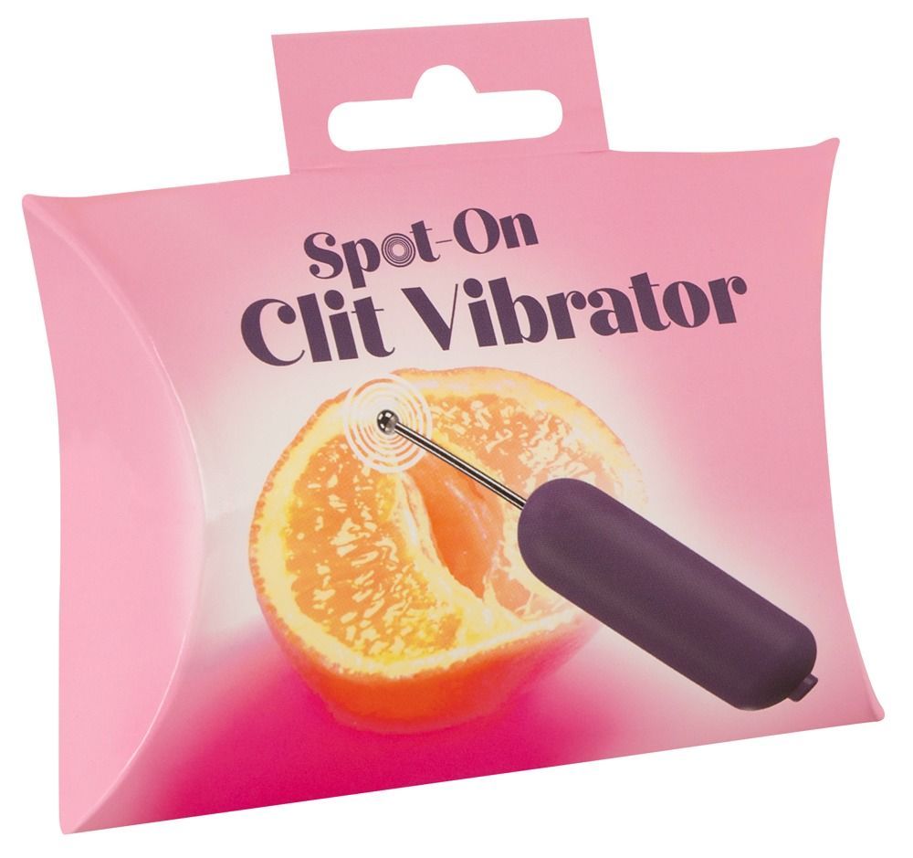 Verpackung mit Produktabbildung und Text: Spot-On Clit Vibrator. Auf rosa Hintergrund.